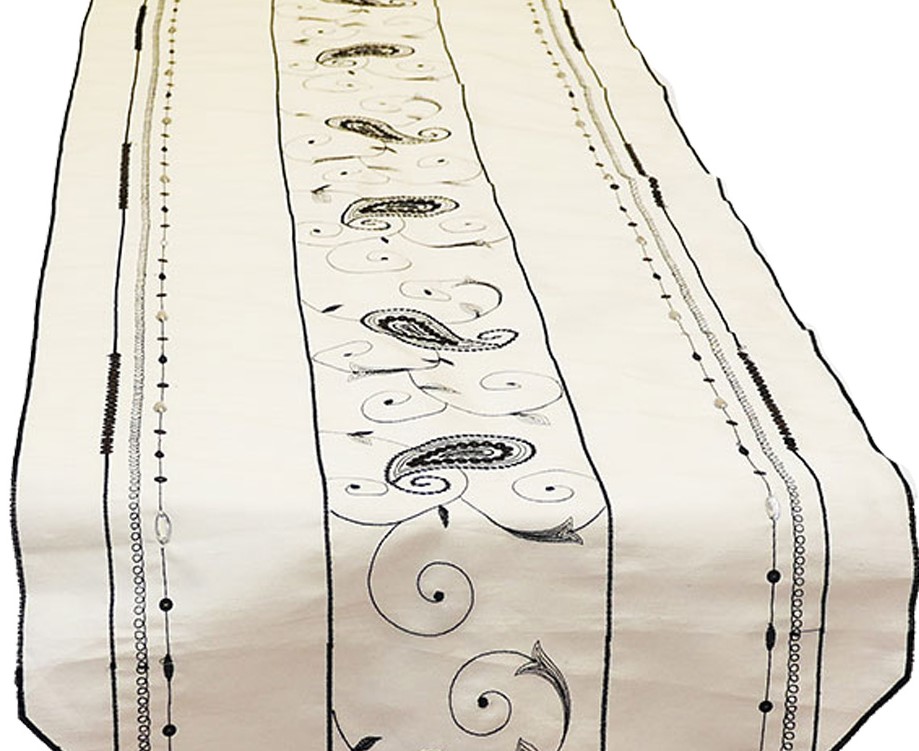 Ivory Black Beaded Paisley Table Runner