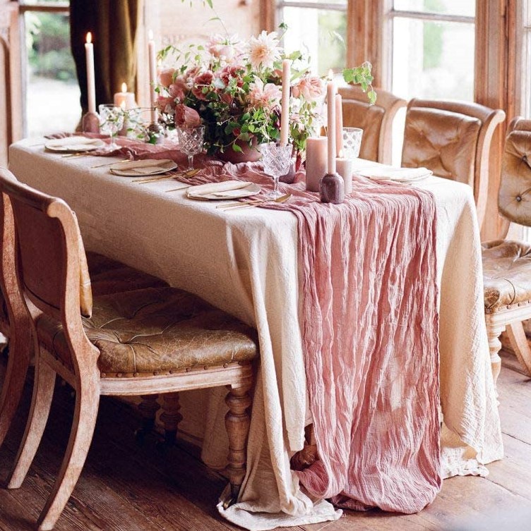 Dusty Rose Rustic Crinkle Organza Table Runner table linen rentals  tablecloth - Cloth Connection